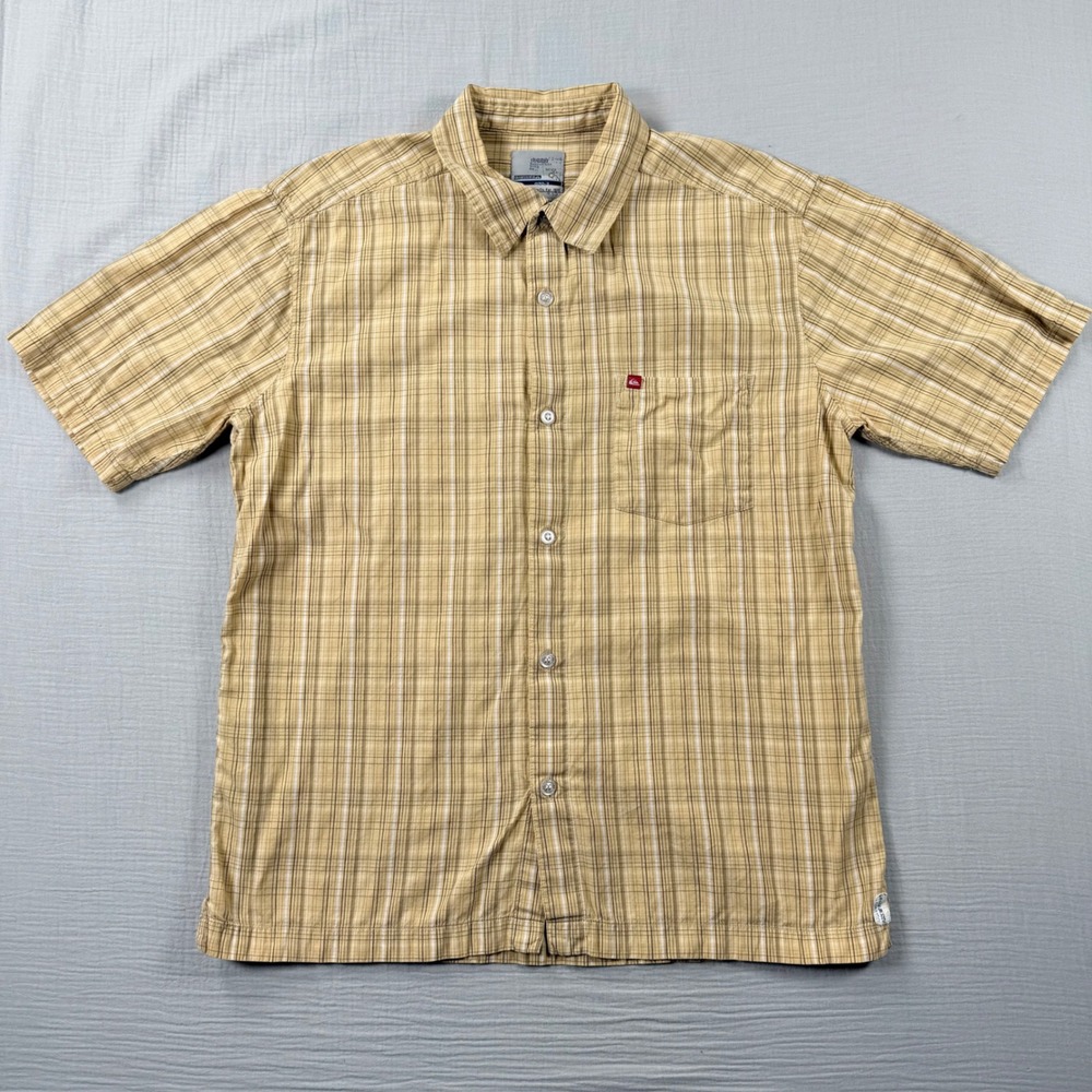 Vtg Y2k Quiksilver Men Med Butter Yellow Plaid S/S Button Up Shirt 2000s Skater - Picture 2 of 7